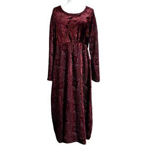 Y2K Boho Burnout Burgundy Velvet Long Sleeve Dress XL Babydoll Whimsygoth Devore
